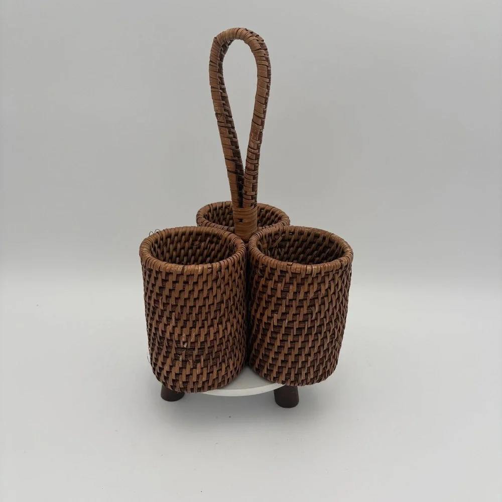 Vintage Rattan Three Bottle Wine Holder Utensil Caddy‎